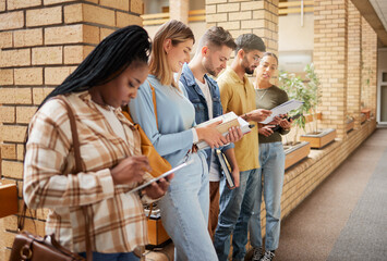 Wall Mural - University, lobby and diversity, group of students standing in row together with books and tablet before class. Friends, education and future, studying in college corridor for exam at business school