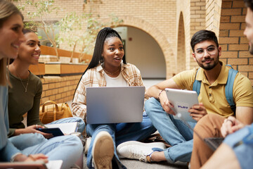 Group studying, university student and communication of research, project or schedule planning, ideas and teamwork. talking, education and diversity college friends or people collaboration in school