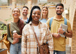 © K.A./peopleimages.com - Group portrait, students and friends at university getting ready for learning. Education, scholarship or happy people standing together at school, campus or college bonding and preparing for studying