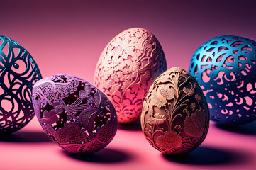 Wall Mural - carved, engraved Easter eggs. Generative AI picture.