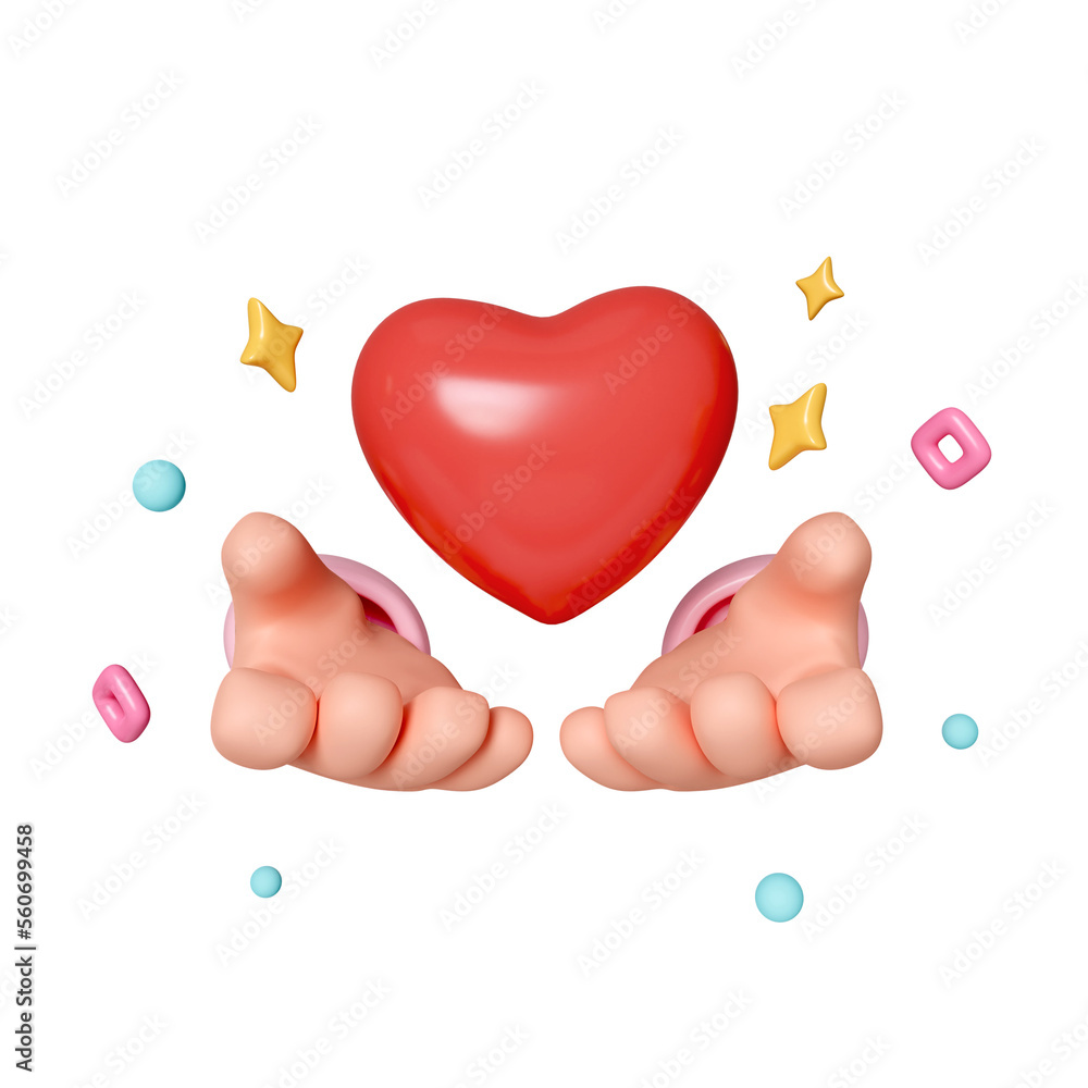 3D cartoon hand give red heart to another isolated on pink background ...