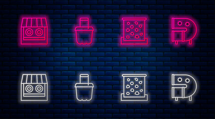 Poster - Set line Sand in bucket, Climbing wall, Shooting gallery and Kid playground slide pipe. Glowing neon icon on brick wall. Vector