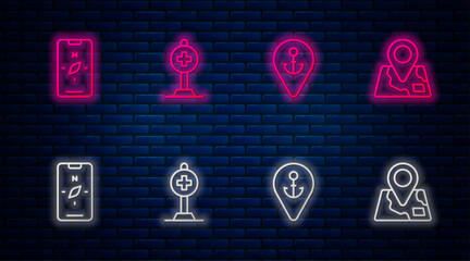 Wall Mural - Set line Location with cross hospital, anchor, Compass mobile and Folded map location marker. Glowing neon icon on brick wall. Vector