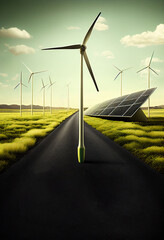 Wall Mural - renewable energy background with green energy as wind turbines and solar panels. generative ai