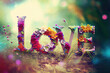 Leinwandbild Motiv Love text letters design with colorful flowers in nature (Generative AI)