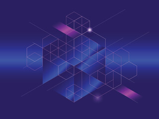 Modern digital blockchain composition on illuminated dark blue background