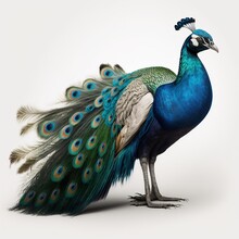Portrait Of A Peacock With Feathers Isolated On A White Background
