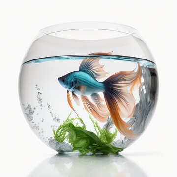 Beta fish swimming in a glass fishbowl isolated on a white background
