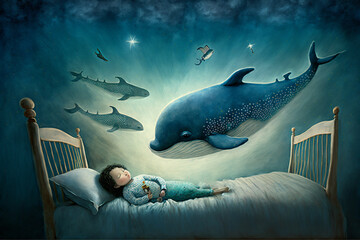 Generative Ai, child dreaming of a whale. 