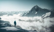 Mountain hiker in winter mountain landscape looking at the view, Generative AI Illustration