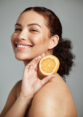 Wall Mural - woman, studio portrait and orange for skincare, health and wellness with cosmetic glow, self care an