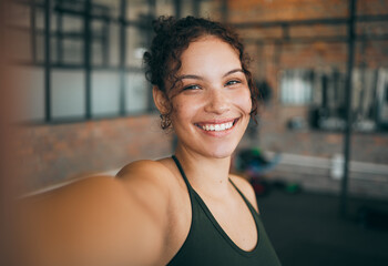 fitness, exercise and gym selfie portrait of a woman happy about workout, training motivation and bo