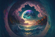 World Within Worlds - Moon As A Portal Rift To Another Dimension In Time And Space With Turbulent Ocean Waves And Surreal Clouds. Fantasy Unreal Sci-fi Seascape - Generative AI Illustration.
