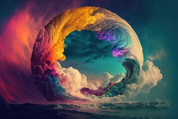 World within worlds - moon as a portal rift to another dimension in time and space with turbulent ocean waves and surreal clouds. Fantasy unreal sci-fi seascape - Generative AI illustration.