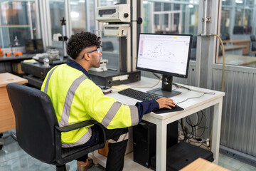 engineer sitting in robot electronic room use computer create process analogue and logic diagram