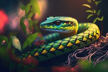 Illustration Of Close-up Portrait Snake In Natural Habitat	
