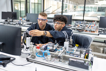 Engineer sitting in robot fabrication room quality checking electronic control board engineering