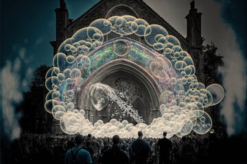 Wall Mural -  a large group of people standing in front of a building with bubbles floating in the air over them and a large arch with a clock on it's side of the building with a clock.