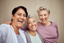Selfie, Senior Women And Happy Fitness Group, Support And Healthy Lifestyle Together. Portrait Of Elderly Female Friends, Sports And Wellness On Wall Background For Workout Collaboration In Community