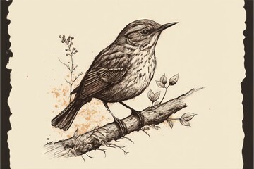 Poster -  a bird sitting on a branch with leaves and twigs around it's neck and head, with a brown background and a black border around the edges, with a white border, with a.