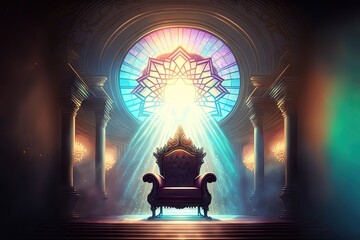 illustration of throne hall with light shine over throne through ornate stained glass window behind