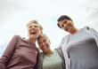 © Siphosethu/peopleimages.com - Senior women, outdoor exercise and laughing for fitness, workout and support on mockup sky background. Low angle, elderly female group and sports friends excited for community wellness and freedom