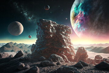 Wall Mural - generative ai illustration of planets and shining stars galaxy in space.