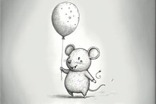  A Drawing Of A Mouse Holding A Balloon With Stars On It's Side And A Star On Its Tail, In The Air, With A Gray Background, A White Background, A.
