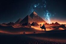 View Of The Desert At Night, Complete With Pyramids And A Camel. Generative AI