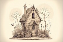  A Drawing Of A House With A Tree And A Bird Flying By It's Door And A Bird Flying By It's Window, And A Bird Flying By The Door, And A Tree,.