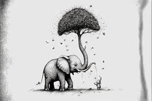 A Drawing Of An Elephant And A Little Boy Under A Tree With Butterflies Flying Around It, With A Small Bird On The Ground Below The Elephant's Trunk, And A Tree With A.