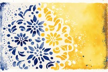  A Painting Of A Yellow And Blue Flower On A White Background With A Blue And Yellow Border Around It And A White Border Around The Edges Of The Painting Is A Yellow Area With A.