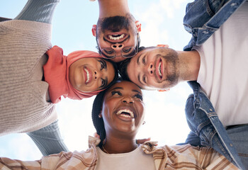 Wall Mural - Support, team work or happy students with goals, educational community or hope for future success. Diversity, low angle or friends in university or college planning a social group mission or vision