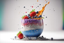  A Colorful Dessert With Strawberries And Blueberries In It Is Being Poured With Orange Juice And Orange Juice On Top Of It Is A Blue And White Background Is Also With A Splashing. Generative AI