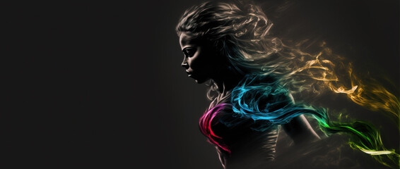 Abstract woman  silhouette portrait with rays of color on dark background, Generative AI illustration