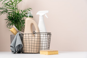set of eco-friendly cleaning tools on beige background with green plant. concept of spring cleaning 