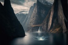  A Waterfall In A Mountain With A Boat In The Water Below It And A Person In A Kayak In The Water Below It, With A Mountain Range In The Background, And A Cloudy Sky. Generative AI