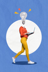 Wall Mural - Collage photo of young programmer it developing company owner businesswoman genius idea lightbulb laptop typing isolated on blue background