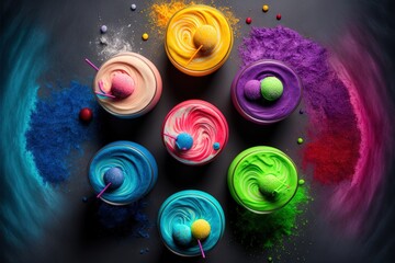 Sticker -  a group of colorful cupcakes with different toppings on a black background with a blue swirl around them and a yellow one with a green and a red one with a blue and yellow.