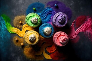 Sticker -  a group of colorful cakes sitting on top of a table next to each other on top of a tablecloth covered in powdered paper and colored powders and balls and balls on top of a black surface.