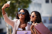 Shopping, Selfie And Sunglasses Of Friends Or Women Sales, Promotion Or Discount With Finance, Wealth Or Commerce Lifestyle. Social Media, Smartphone And Fashion Influencer People Or Customer In City