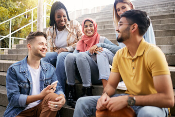 Sticker - Relax, diversity or students on steps at break talking or speaking of goals, education or future plan. Group, school or happy friends in university or college bonding in a fun social conversation