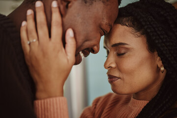 Poster - Black couple, home and love while happy together within a marriage with commitment, happiness and care. Face of man and woman with trust and support while in kitchen to bond in a house or apartment