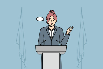 businesswoman with speech bubble above head speak at conference. female employee in formalwear make 