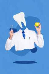 Poster - Vertical collage picture of dentist doctor big tooth instead head hands hold equipment fresh apple isolated on blue background