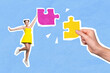 © deagreez - Collage photo of jumping active teenage girl wear yellow skirt hold puzzle put correct place achievement decision isolated on blue color background