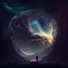 Wall Mural - a man stand in front of the universe Generative AI