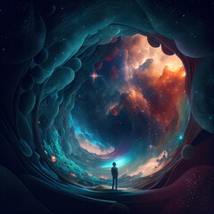 Wall Mural - a man stand in front of the universe Generative AI