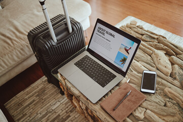 laptop screen, travel website and suitcase background for vacation planning, hospitality marketing a