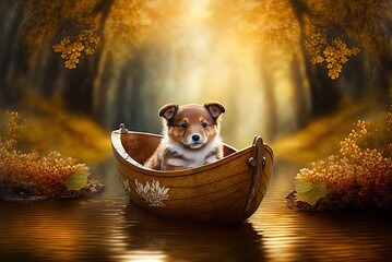 illustration of cute little puppy in small boat with bokeh light, idea for cute animal card or background design